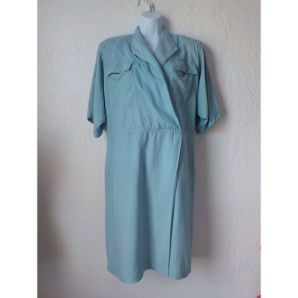 VTG 100% Silk Oleg Cassini Blue Teal Midi Dress Women 8 Faux Wrap Utility 90s - Picture 1 of 11